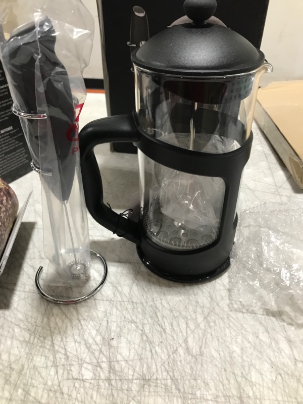 Photo 2 of Bean Envy French Press Coffee Maker and Milk Frother Set - 34 oz Glass Carafe Coffee Press & Drink Mixer Duo w/ Stainless Steel Stand