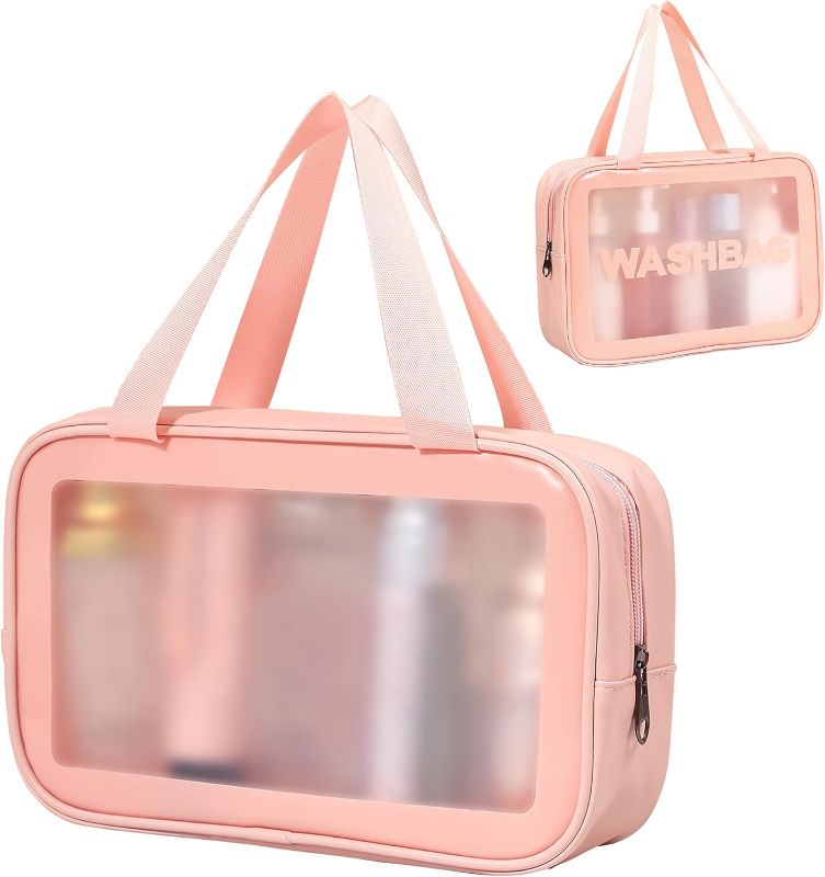 Photo 1 of 2pk - Aulpon Medium Cosmetic Bag, Pink Makeup Bag, Translucent Double Handle Makeup Travel Bag for Women, Girls, Men. 