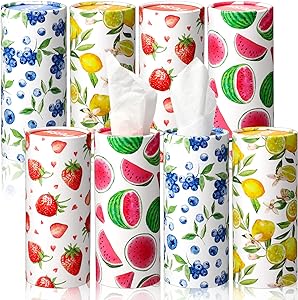 Photo 1 of Fuutreo 8 Pcs Fruit Car Tissues Cylinder with Facial Tissues Summer Cylinder Tissue Boxes Round Fruit Napkins Holders Bulk for Car Travel Napkins Tissue Box Holder Cylinder Container, 2.68 x 6.3 inch 
