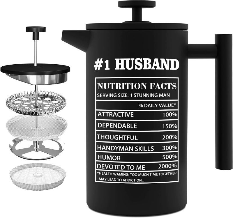 Photo 1 of  Husband  from Wife,  French Press Coffee Maker - Heat Resistant Glass with 4 Level Filtration System, Large 34 Oz 