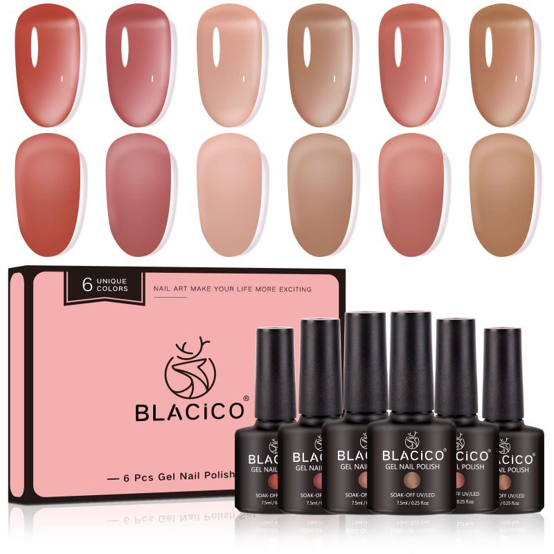 Photo 1 of Blacico Jelly 6 Colors Set Nude Gel Polish Kit Translucent Color UV LED Soak Off DIY Manicure Pedicure Varnish Home Salon Nude Maroon Brown