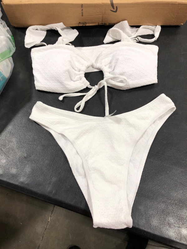 Photo 2 of ZAFUL Women's Bikini Sets O Ring Ruffle Trim Two Piece Swimsuits Tie Back Bathing Suit Small White