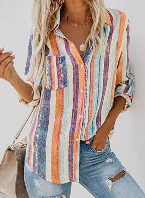 Photo 1 of Beautife Womens V Neck Striped Button Down Collared Roll up Sleeve Casual Tunic Shirt Blouse Tops LARGE
