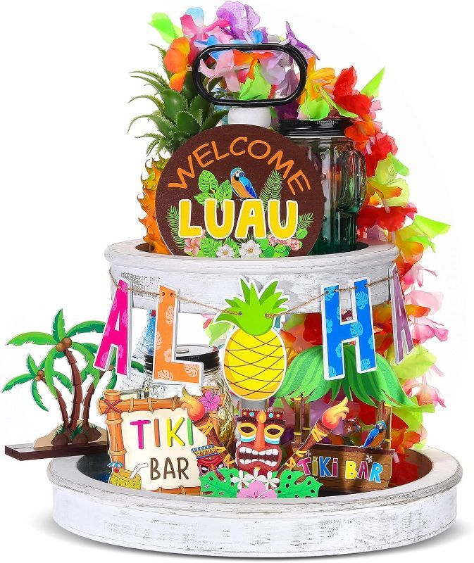 Photo 1 of 10 Pieces Hawaiian Luau Tiered Tray Decor Aloha Tropical decor Tiki Sign for Hawaiian Tropical Party Summer Beach Pool Party Tiki Party Supplies