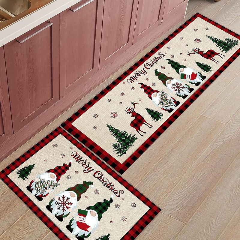 Photo 1 of 2 Piece Gnome Kitchen Rug Set Merry Christmas Indoor Floor Mats for Winter, Xmas Door Mat Runner Rug Carpet Mat for Kitchen Home Decor (19.7" x 31.5"+19.7" x 47.2") - Snowflake Tree Red Buffalo Border 