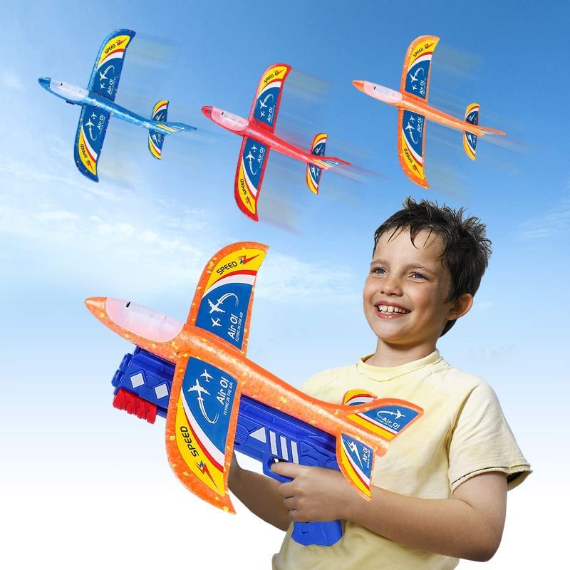 Photo 1 of bactupx 3 Pack Airplane Launcher Toy, Foam Glider LED Plane,2Flight Mode Catapult Plane Boys Toys with 3 DIY Stickers, Outdoor Sports Flying Toys for Kids, Ideal Gifts for Boys Girls