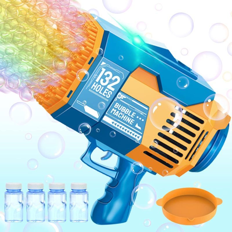 Photo 1 of 132 Holes Bubble Machine Gun-Big Rocket Boom Bubble Blower/Bubble Gun Blaster with Colored Lights, Giant Foam Maker Guns Toys Wedding Outdoor Party Gift for Kids Adults (Blue)