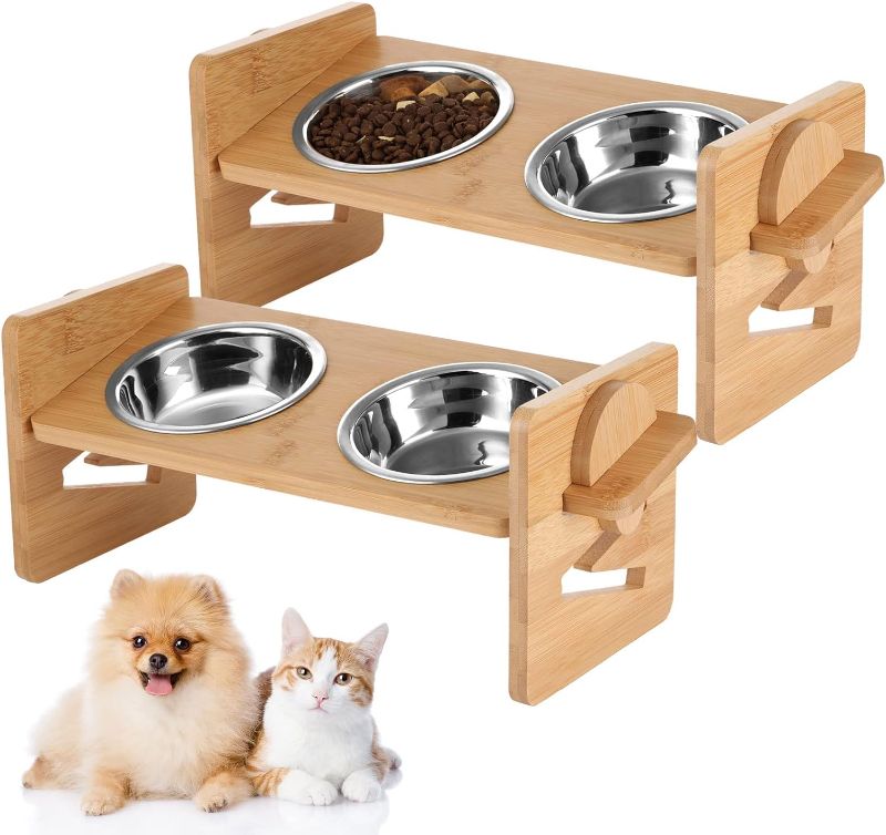 Photo 1 of 2 Pack Elevated Dog Bowls Adjustable Raised Dog Bowl for Small Dogs and Cats Raised Tilted Dog Bowl Bamboo Pet Food and Water Bowl Dog Cat Food Bowl Stand Feeder with 2 Stainless Steel Bowls