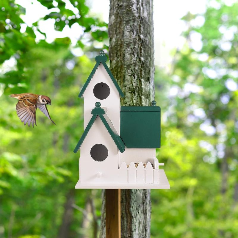 Photo 1 of 2 in 1 Bird House for Outside, Wooden Bird House & Bird Feeder with Doors for Bluebird Finch Hummingbird Sparrow Small Bird, Hanging Birdhouse for Tree Garden Backyard 