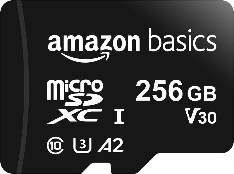 Photo 1 of Amazon Basics microSDXC Memory Card with Full Size Adapter, A2, U3, Read Speed up to 100 MB/s, 256 GB 256GB