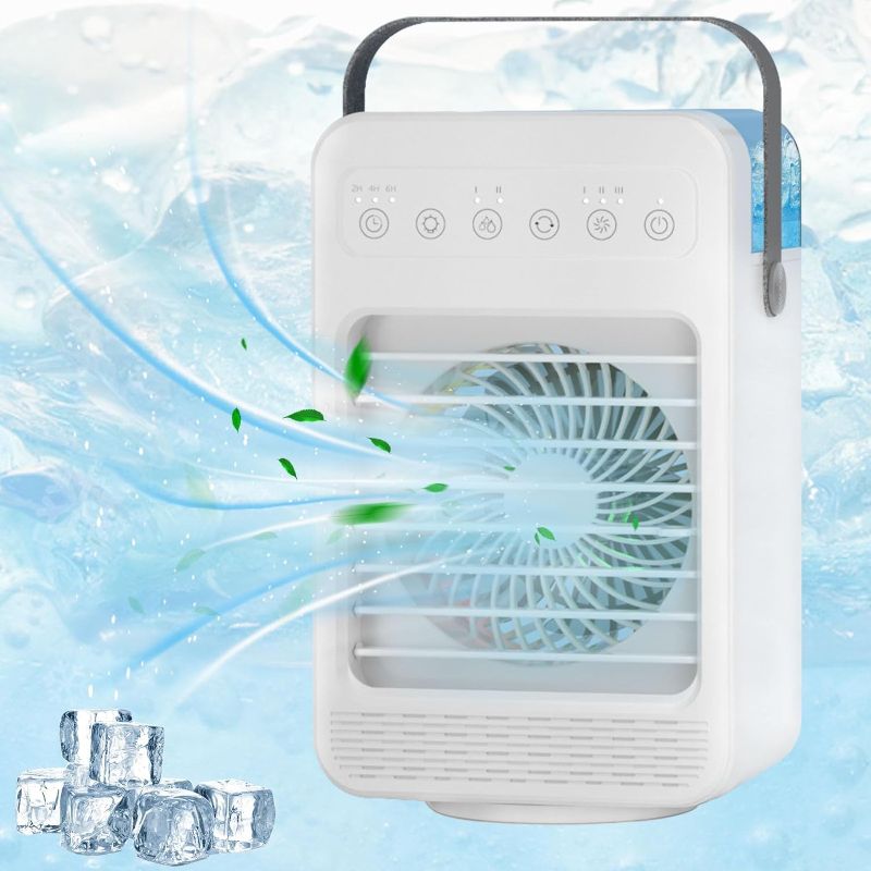 Photo 1 of  Portable Air Conditioner Fan,Mini Personal Air Cooler with 4 Wind Speed,2/4/6H Timer,600ML Tank,Rainbow LED Light,120°Oscillating Cooling Fan,2 Spray,Low Noise,Desktop Office, Home, Bedroom