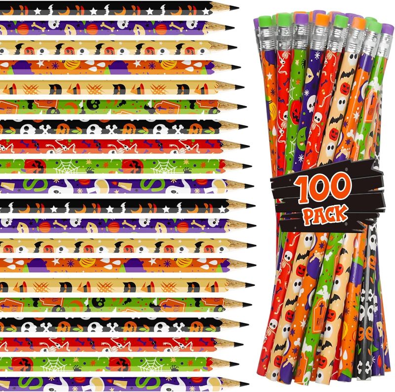 Photo 1 of 100Pcs Halloween Pencil Assortment with Eraser, Colorful Wood Pencils in Halloween Design, Halloween Party Favors for Kids, Trick or Treat, Halloween Goodies Bags Filler, Game Prizes, Classroom Reward