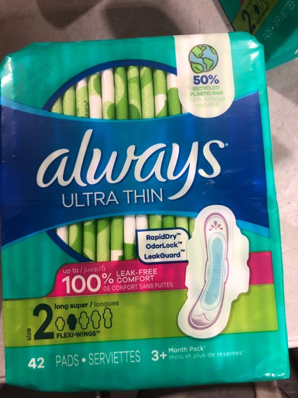 Photo 2 of Always Ultra Thin, Feminine Pads For Women, Size 2 Long Super Absorbency, With Wings, Unscented, 42 Count 42 Count (Pack of 1)