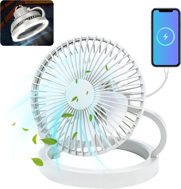 Photo 1 of Camping Fan with LED Lantern, 8000 mAh Battery Operated Tent Fan, Rechargeable Table Fan for Camping, Fishing, Jobsite, Office, Emergency (White)
