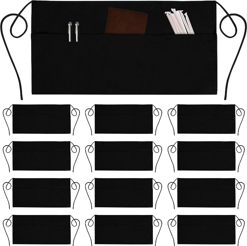 Photo 1 of  12 Pack Server Aprons with 3 Pockets - Waist Apron, Waitress Apron for Women and Man, Water Resistant with Long Waist Strap Reinforced Seams, Half Apron (Black) 