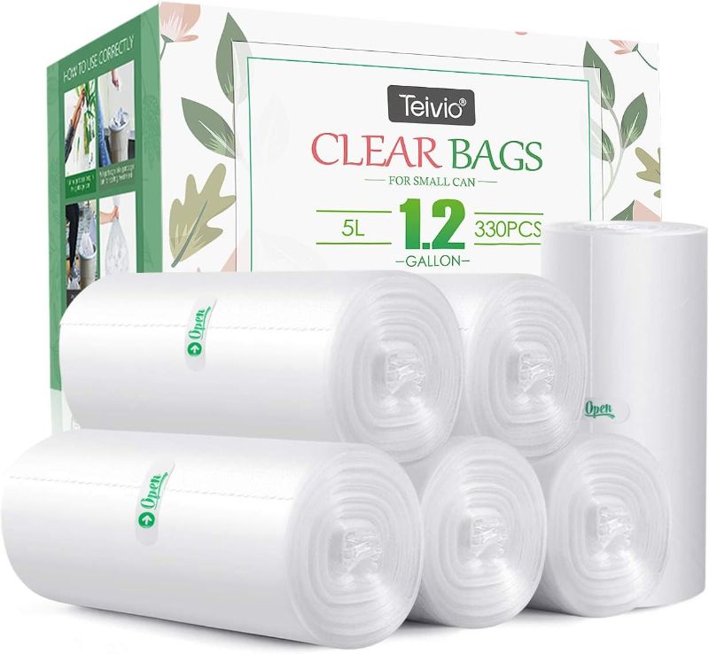 Photo 1 of 1.2 Gallon 330 Counts Strong Trash Bags Garbage Bags by Teivio, Bathroom Trash Can Bin Liners, Small Plastic Bags for home office kitchen (Clear)
