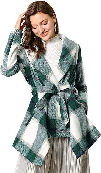 Photo 1 of Allegra K Women's Turn Down Collar Asymmetric Hem Thin Plaids Wrap Coat 