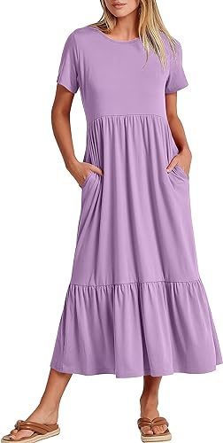 Photo 1 of ANRABESS Women's Summer Casual Short Sleeve Crewneck Swing Dress Casual Flowy Tiered Maxi Beach Dress with Pockets SIZE XXL ROSE 