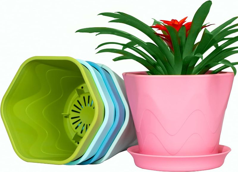 Photo 1 of  Joojeers 7 Inch Plastic Plant Pots, 5 Pack Modern planters with Drainage Holes and Saucers, Decorative Flower Pots for Indoor Outdoor Plants, Multi Color.