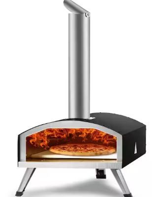 Photo 1 of 12 in. Wood and Charcoal-Fired Outdoor Pizza Oven Stainless Steel Pizza Grill with Pizza Stone for Camping in Black
