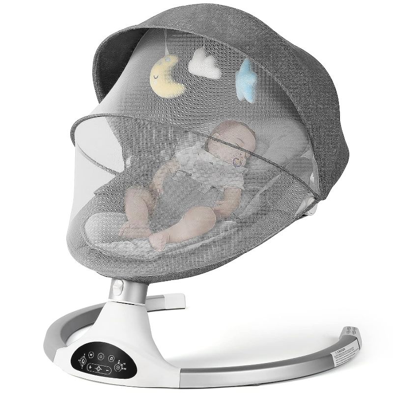 Photo 2 of Baby Swing for Infants, Baby Rocker with 5 Point Harness, Bluetooth Support Baby Swing, 10 Preset Lullabies and 3 Speed Natural Infant Swing with Remote Control and 3 Hanging Toys, Grey
