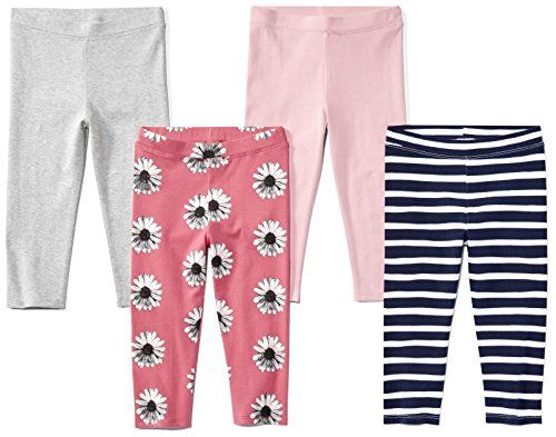 Photo 1 of Amazon Essentials Toddler Girls' Cropped Capri Leggings (Previously Spotted Zebra), Pack of 4, Grey/Navy Stripe/Light Pink/Rose Flowers, 2T
