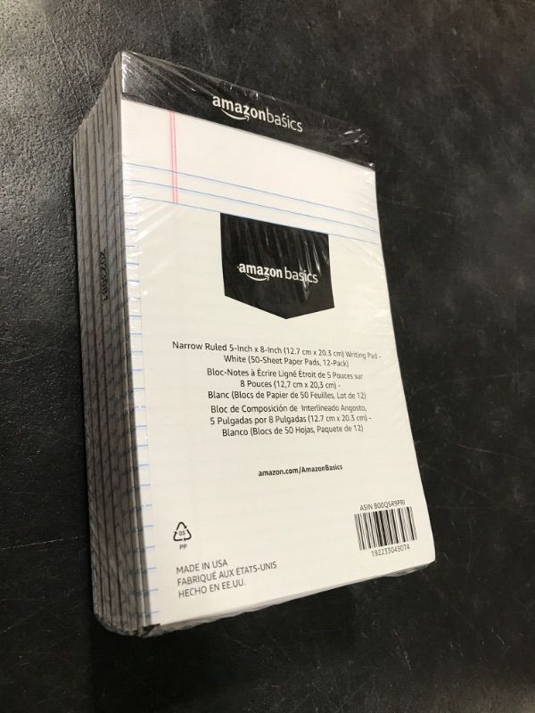 Photo 1 of Amazon Basics Narrow Ruled Lined Writing Note Pad, 5 inch x 8 inch, White, 12 Count (12 Pack of 50 pages) White 5-Inch by 8-Inch
