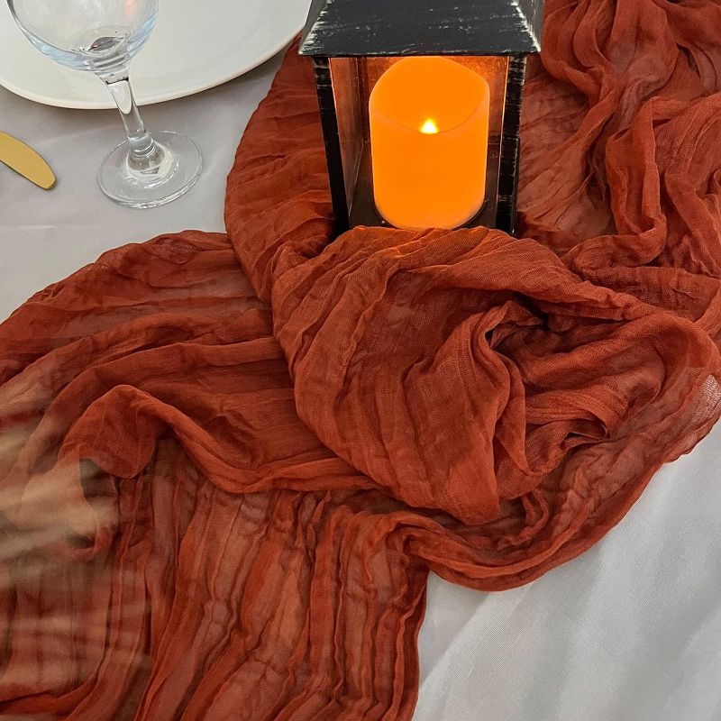 Photo 1 of 2 Pack Terracotta Cheesecloth Table Runners, Fall Table Runner, Boho Rustic Wrinkled Table Runner for Thanksgiving Table Decor by BEWOLKEN 