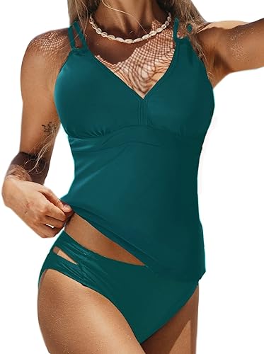 Photo 1 of BIKINX V Neck Tankini Swimsuits for Women Criss Cross Back Two Piece Swimwear Plus Size Tummy Control Bathing Suits - M