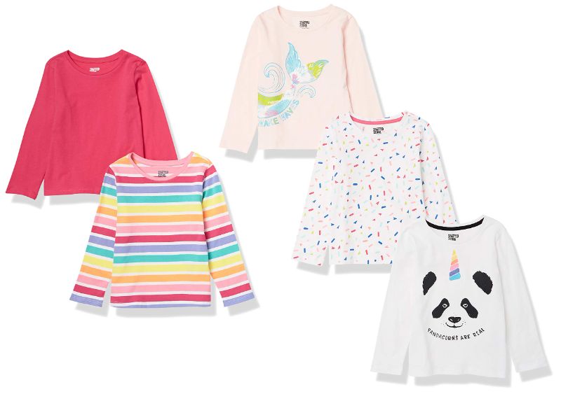 Photo 1 of Amazon Essentials Girls and Toddlers' Long-Sleeve T-Shirts (Previously Spotted Zebra), Multipacks 5 Multicolor/Confetti/Mermaid/Panda X-Small