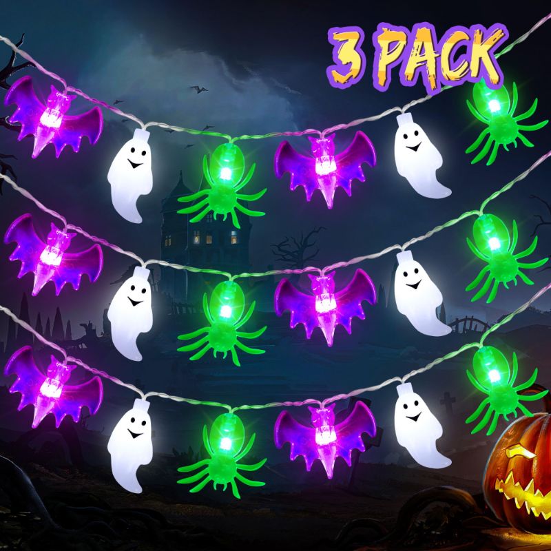 Photo 1 of 3 Pack Halloween Lights 30 Ft 90 LED Halloween Decorations Indoor, Battery Operated Halloween Lights with Timer, Led String Light 3D Bat Ghost Spider Halloween Decor for Home Halloween Party Decor White Ghost/Green Spider/Purple Bat