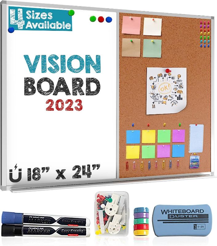 Photo 1 of Vision Board 2023: Cork Board and Dry Erase Board Combo (18 x 24") Magnetic Bulletin Board for Home or Office, Message Board, Wall-Mounted White Board Corkboard Combo: Markers, Eraser, Magnets & Pins

