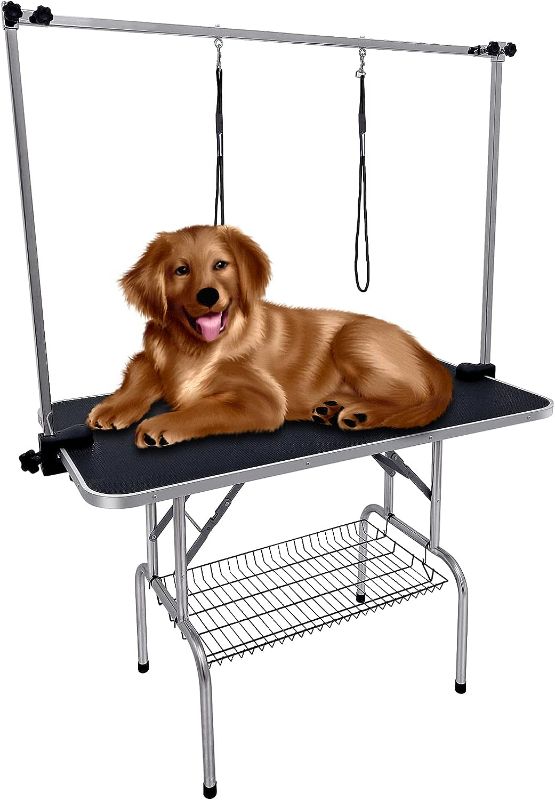 Photo 1 of  45 x 24 Inch Pet Dog Grooming Table with Adjustable Height Arm, Loop & Mesh Tray, Foldable Heavy Duty Grooming Table for Large Dog Pet Grooming (BROWN)