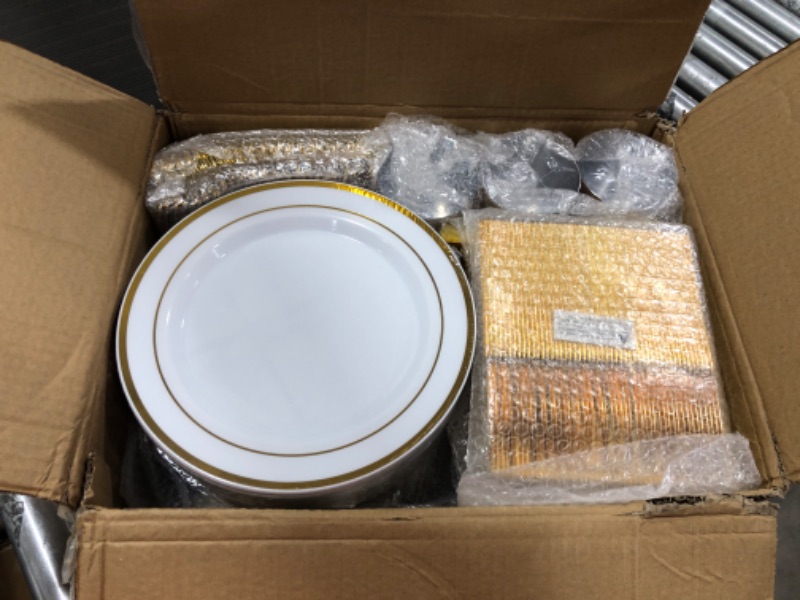 Photo 2 of 600 Piece Disposable Plastic Gold Dinnerware Set – 200 White and Gold Plates – Set of 300 Gold Silverware – 100 Gold Cups for Party or Wedding up to 100 Guests 100 Guest Set Gold