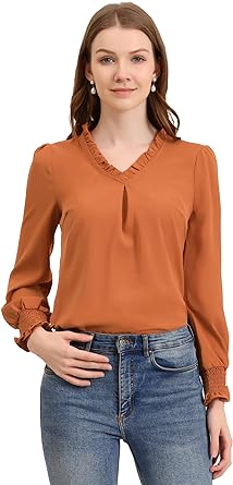 Photo 1 of Allegra K Women's St. Patrick's Day Office Work Shirt Top Ruffled V Neck Long Sleeve Workwear Solid Blouse