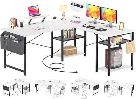 Photo 1 of Aheaplus L Shaped Desk with Outlet and USB Charging Ports, L-Shaped Desk with Storage Shelves Reversible Corner Computer Desk 2 Person Long Table with Monitor Stand Gaming Home Office Desk, White 