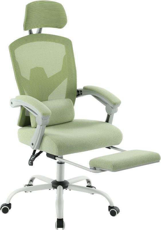 Photo 1 of AFO Ergonomic Office Chair, High Back Office Chair with Lumbar Pillow and Retractable Footrest, Mesh Office Chair with Padded Armrests and Adjustable Headrest, Height Adjustable, Green 
