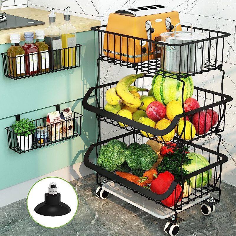 Photo 1 of 1Easylife Fruit Vegetable Basket, 5 Tier Stackable Metal Wire Basket Cart with Rolling Wheels, Utility Rack for Kitchen, Pantry, Garage, with 2 Free Baskets (Silver)
