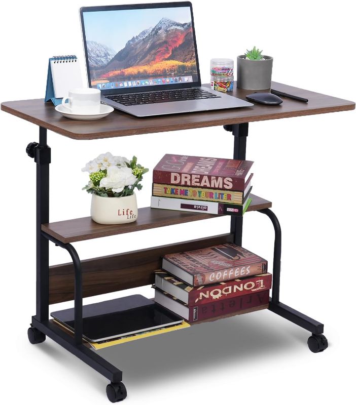 Photo 1 of Portable Desk Small Desks for Small Spaces Laptop Table Brown Rolling Adjustable Desk on Wheels Mobile Couch Desk for Bedroom Home Office Computer Standing Desk Student Desk with Storage 32x16 Inch
