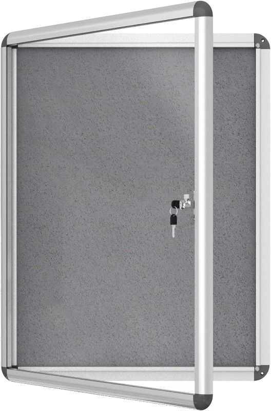 Photo 1 of 26” x 20” Enclosed Cork Bulletin Board, Secure Wall-Mounted Noticeboard w/Lock, Silver Aluminum Frame, Clear Acrylic Swing Doors, Ideal Display Solution for School, Office, Commercial Space,Grey
