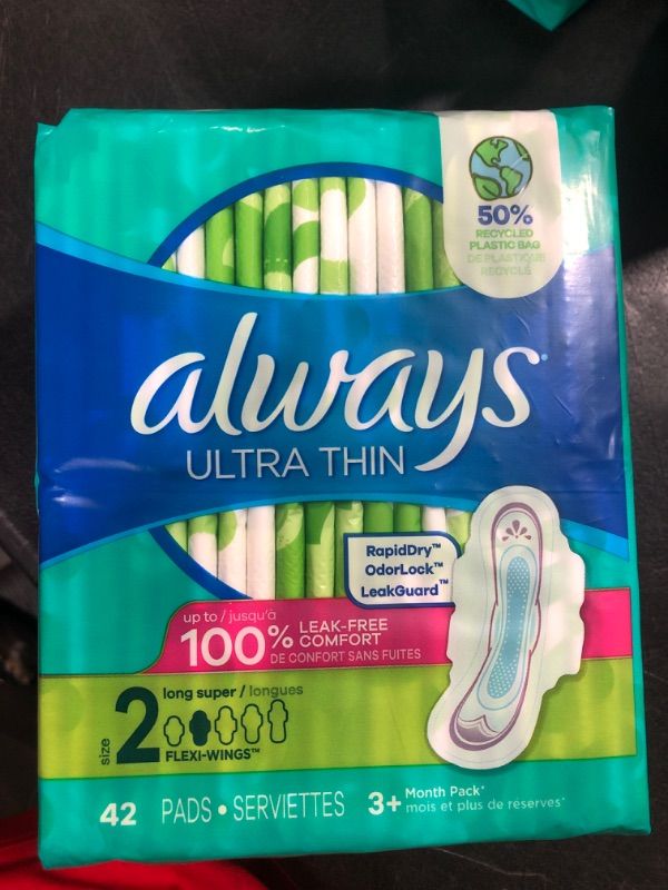 Photo 2 of Always Ultra Thin, Feminine Pads For Women, Size 2 Long Super Absorbency, With Wings, Unscented, 42 Count 42 Count (Pack of 1)