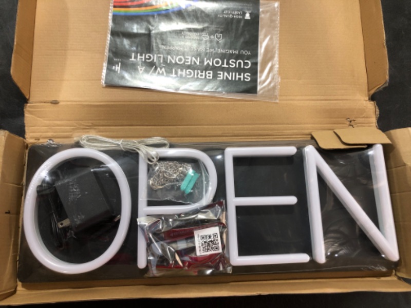 Photo 2 of HiNeon Neon Open Sign 20inx7in LED Open Sign w/Remote Controller, Electric Light Up Open Sign for Business Store, w/Hanging Chain for Shop Windows, Direct Plug-In w/ 12V Power Adapter, White