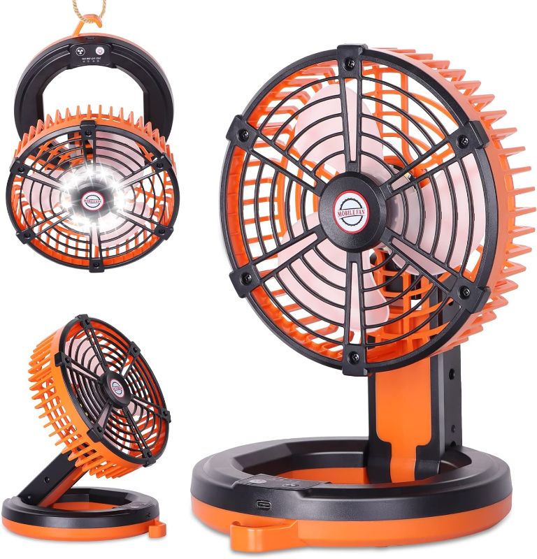 Photo 1 of TDLOL Camping Fans Portable Rechargeable Fan with LED Lantern,5200mAh Portable Camping Fan Rechargeable,Up to 25 hours,Personal Desk Tent Fan for Office,Home,Orange X90…