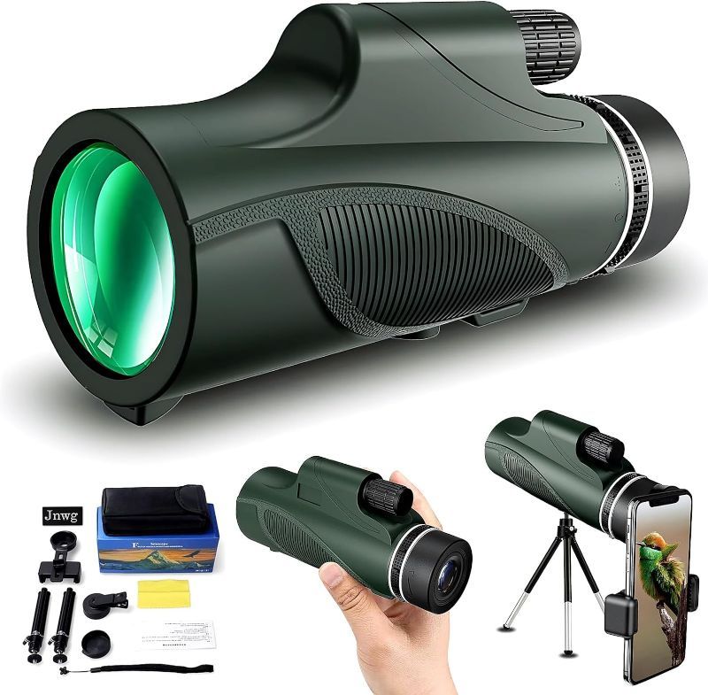 Photo 1 of Jnwg 10x50 High Definition Monocular Telescope with 2 Tripod and 2 Smartphone Adapter, BAK4 Prism FMC Monocular with Clear Low Light Vision for Watching Bird Wildlife Hunting Camping Travelling
