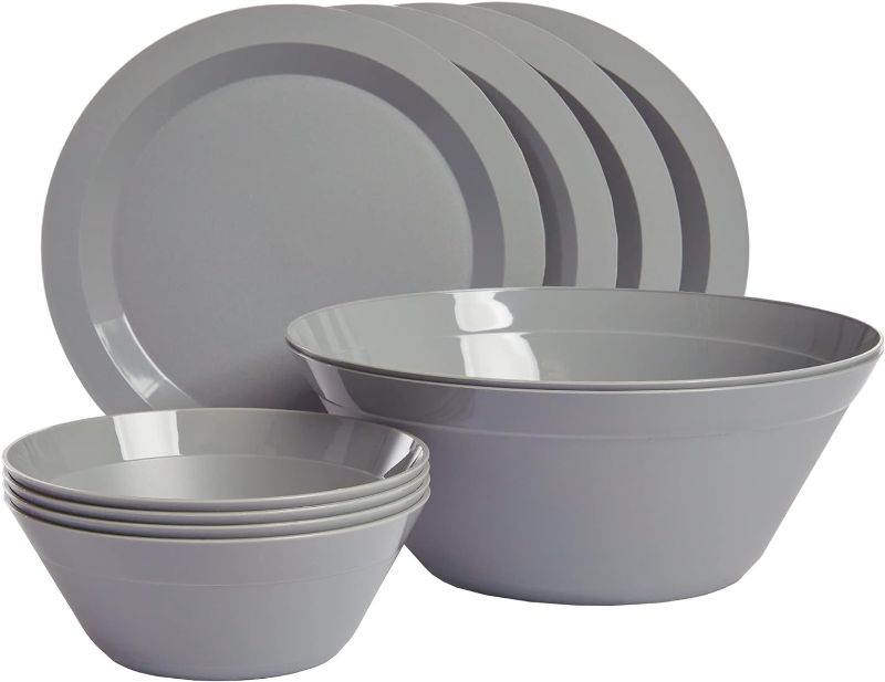 Photo 1 of 10-Piece Kitchen Plastic Dinnerware Set, Reusable Dinner Plates, Cereal Bowls, Serving Bowls, Unbreakable Plastic Outdoor Camping Dishes | Grey | Made in USA
