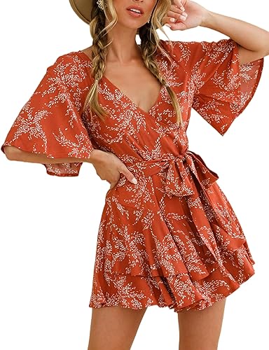 Photo 1 of AIMCOO Summer Tie Front V Neck Romper Loose Bell Sleeve Floral Ruffle Rompers Elastic Waist Casual Short Jumpsuits for Women SMALL