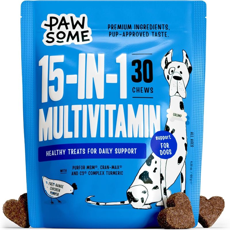 Photo 1 of 15-in-1 Dog Multivitamin - Dog Vitamins Supplements w/MSM, Turmeric & Chondroitin to Support Immune System & Joints - Chicken Flavor - 30 Chews of Dog Supplements & Vitamins 30 Count (Pack of 1) EXP 12/2023