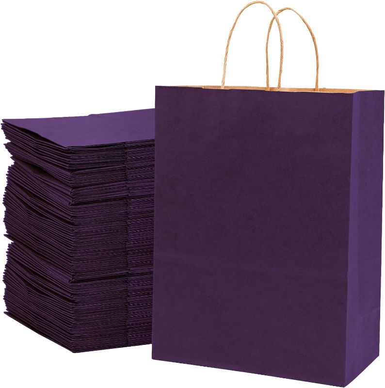 Photo 1 of . ECOptimize Kraft Paper Bags with Handles, 8" x 4" x 10.5" 120 PCS Purple - Eco-Friendly & Recyclable Gift Bags from 100% Wood Pulp - High Tear Resistance & Load Capacity for Retail, Shopping