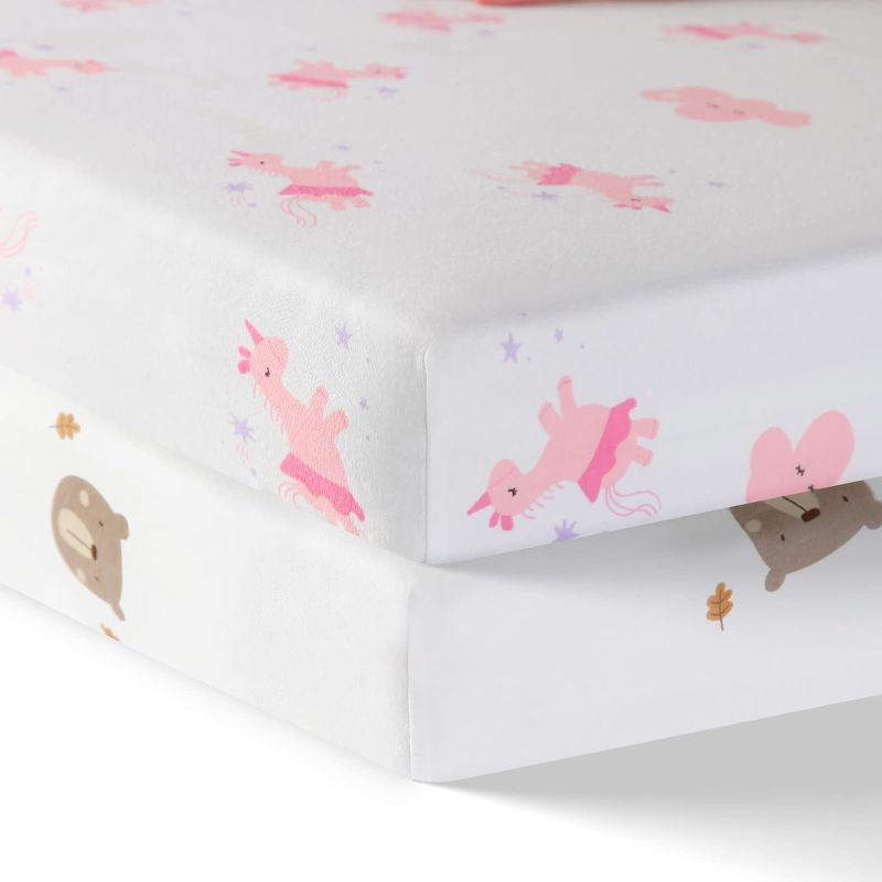 Photo 1 of Choc chick 2 Pack Crib Sheets for Boys Girl, 100% Organic Cotton Ultra Soft Snug, Fitted for Standard Size Crib Mattress, Fully Elasticized Unicorn Bear Printed 28 in x 52 in