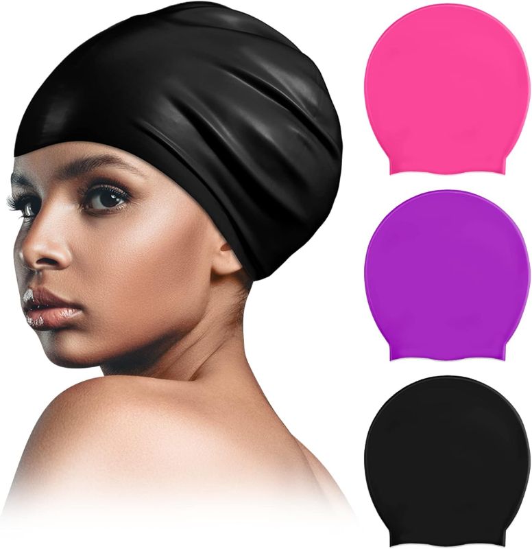 Photo 1 of 3 Piece Swimming Cap for Women Silicone Large Swim Cap Waterproof Bathing Caps for Long Hair Women Men Adults Youths Kids Thick Curly Hair Dreadlocks Weaves Braids, 3 Colors
